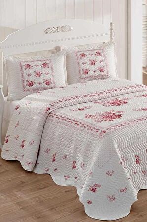 Flower Baskılı Kapitoneli Çift Kişilik Yatak Örtüsü Pembe