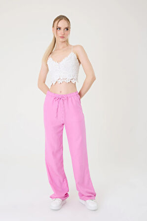 Kadın Pembe Keten Karışımlı Bol Kesim Pantolon