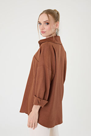 Tek Cepli Oversize Keten Gömlek- Kahverengi