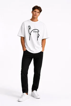 Komik Terlik Fırlatan Çöp Adam Çift Tişörtü Oversize Unisex Sevgili Kombini Baskılı Beyaz Tişört