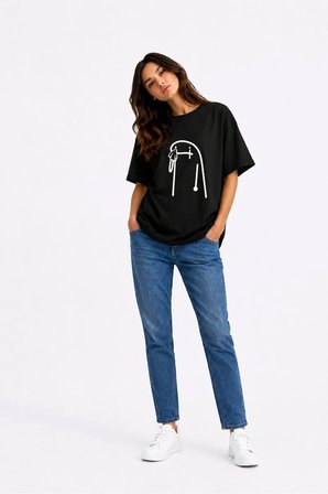 Komik Terlik Fırlatan Çöp Adam Çift Tişörtü Oversize Unisex Sevgili Kombini Baskılı Beyaz Tişört