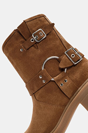 Rock Kadın Camel Metalik Toka Detaylı Süet Deri Bot