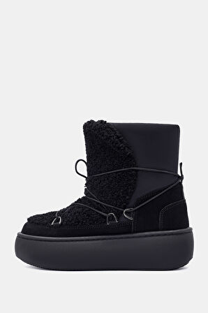 Pegix Kadın Siyah Bagcık Detaylı Kürklü Kalın Tabanlı Bot