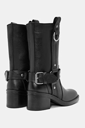 Oscar Kadın Siyah Toka Detaylı Gerçek Deri Kalın Topuklu Çizme