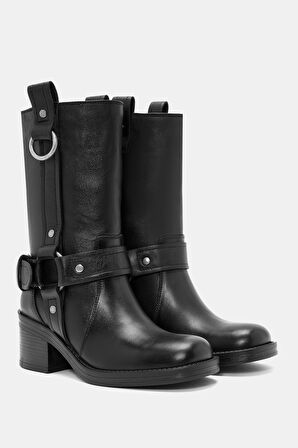 Oscar Kadın Siyah Toka Detaylı Gerçek Deri Kalın Topuklu Çizme