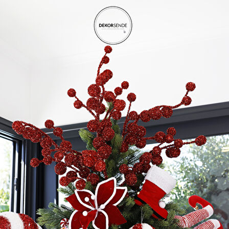 Yılbaşı Süsü Parlak Topçuk Dal Kırmızı 55 cm