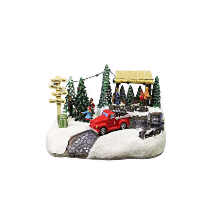 Yılbaşı Temalı Müzikli ve Işıklı Noel Köyü Antik Kırmızı Kamyon Biblo 24 cm
