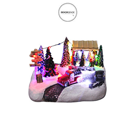 Yılbaşı Temalı Müzikli ve Işıklı Noel Köyü Antik Kırmızı Kamyon Biblo 24 cm