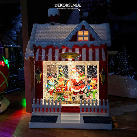 Yılbaşı Süsü Müzikli Işıklı Noel Baba Atölyesi Kırmızı 25 cm