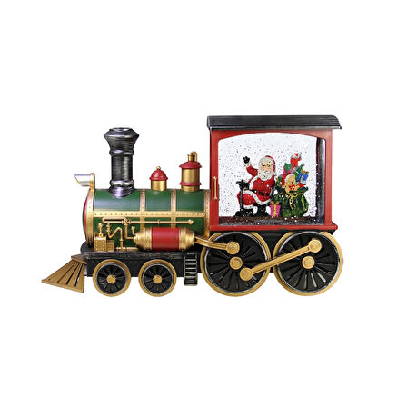 Yılbaşı Süsü Işıklı Kar Küresi Tren Noel Baba Yeşil 30 cm