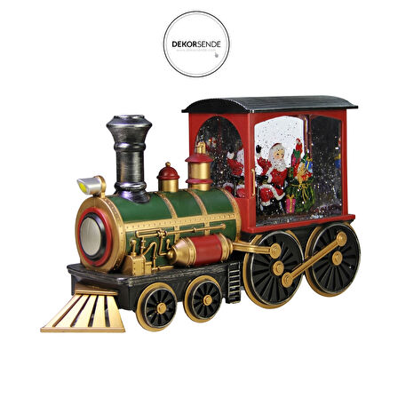 Yılbaşı Süsü Işıklı Kar Küresi Tren Noel Baba Yeşil 30 cm
