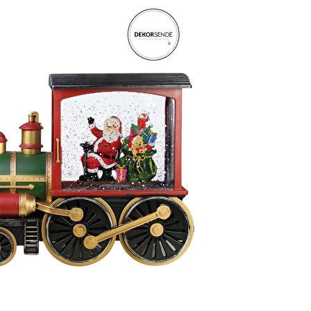 Yılbaşı Süsü Işıklı Kar Küresi Tren Noel Baba Yeşil 30 cm