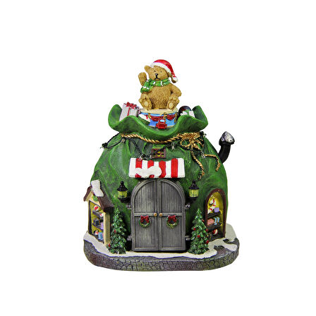 Yılbaşı Temalı Işıklı ve Müzikli Dekoratif Biblo Hediye Çuvalı Evi Yeşil 22 cm