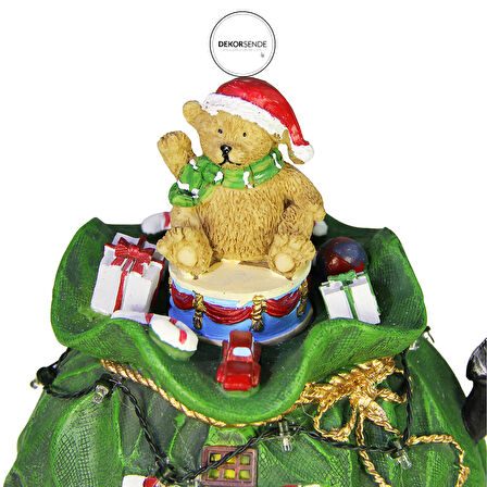 Yılbaşı Temalı Işıklı ve Müzikli Dekoratif Biblo Hediye Çuvalı Evi Yeşil 22 cm