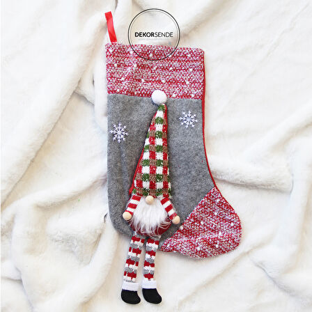 Yılbaşı Süsü Ekose Şapkalı Noel Baba Çorap Gri 60 cm
