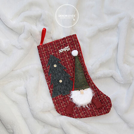 Yılbaşı Süsü Yeşil Bereli Noel Baba Figürlü Xmas Çorap Kırmızı 40 cm