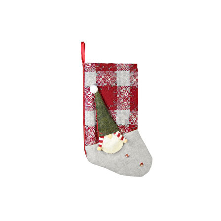 Yılbaşı Süsü kareli Yeşil Bereli Noel Baba Figürlü Çorap Kırmızı Yeşil 45 cm