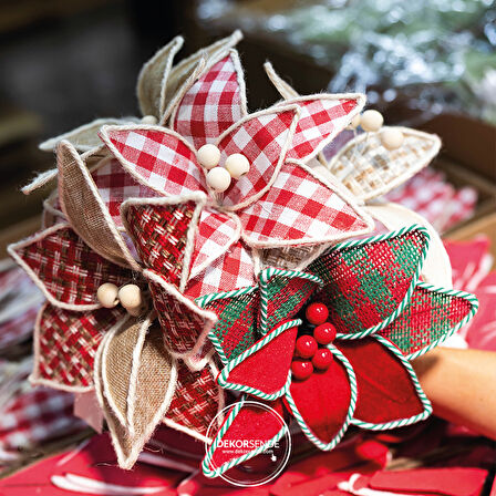 Yapay Kazayağı Desenli Jüt Detaylı Ponsetya Kırmızı Krem 25 cm