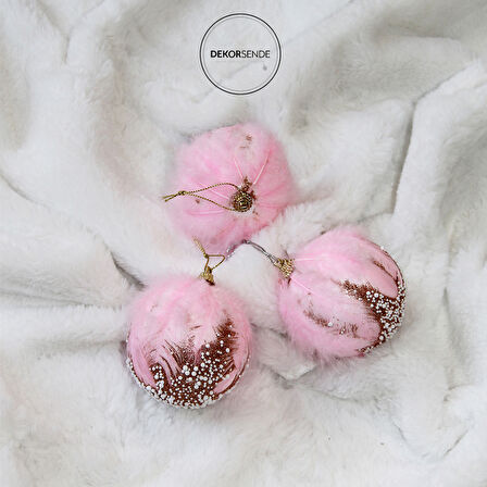 Yılbaşı Süsü Tüylü Simli 3'lü Top Pembe 8 cm