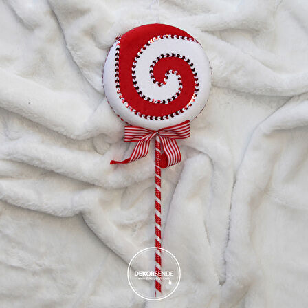 Yılbaşı Süsü Dikişli Lolipop Şeker Kırmızı Beyaz 40 cm