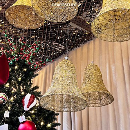 Yılbaşı Süsü 3 Boyutlu Simli Tel Çan Altın 30 cm