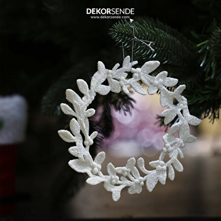 Yılbaşı Süsü Simli Yapraklı Çember Beyaz 15 cm