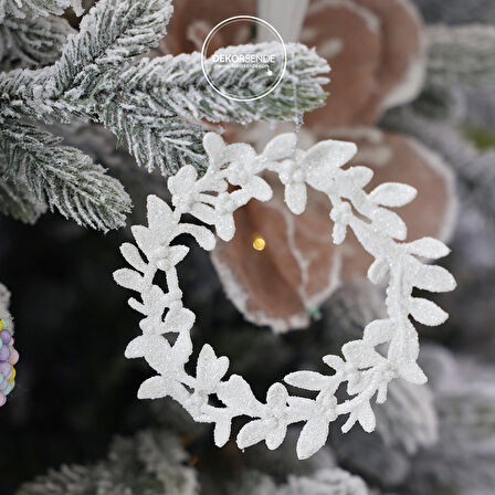 Yılbaşı Süsü Simli Yapraklı Çember Beyaz 15 cm