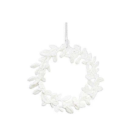 Yılbaşı Süsü Simli Yapraklı Çember Beyaz 15 cm