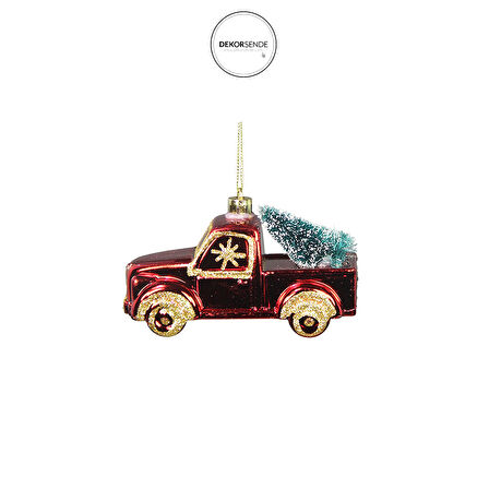 Yılbaşı Süsü Mini Çam Ağaçlı 2'li Kamyon Kırmızı 12 cm