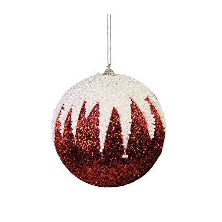 Yılbaşı Süsü Beyaz Zikzak Desenli Top Kırmızı 15 cm