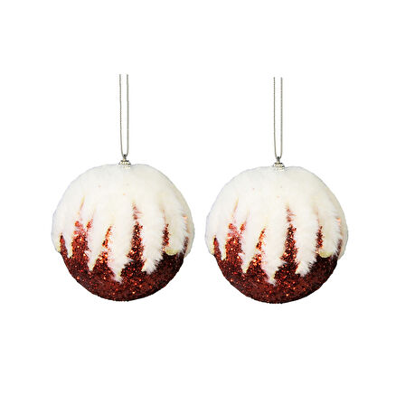 Yılbaşı Süsü Tüylü Zikzak Desenli 2'li Top Kırmızı 10 cm