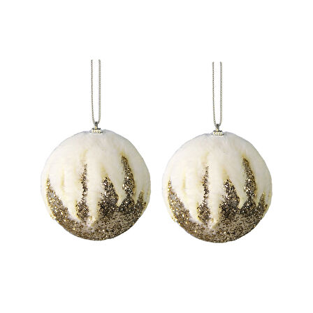 Yılbaşı Süsü Peluşlu Zikzak 2'li Top Şampanya 10 cm