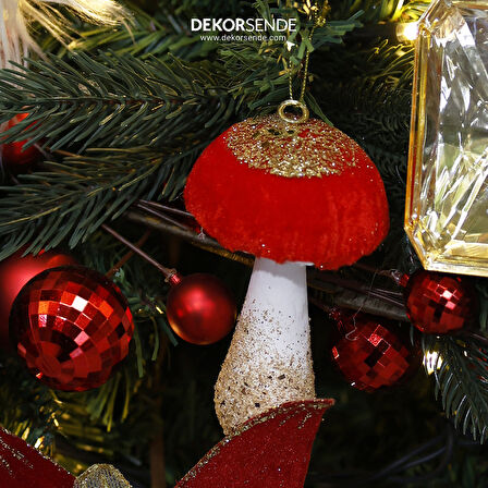 Yılbaşı Süsü Kadife Simli Mantar Kırmızı 14 cm