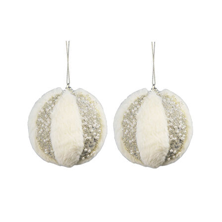Yılbaşı Süsü Tüylü İncili 2'li Top Gümüş 10 cm