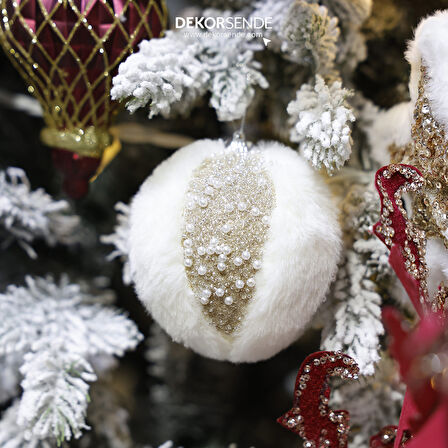 Yılbaşı Süsü Tüylü İncili 2'li Top Şampanya 10 cm