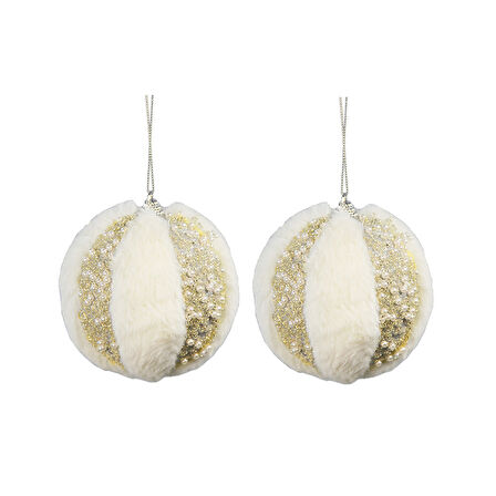 Yılbaşı Süsü Tüylü İncili 2'li Top Şampanya 10 cm