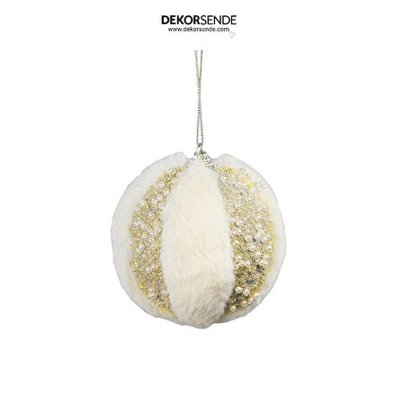 Yılbaşı Süsü Tüylü İncili 2'li Top Şampanya 10 cm