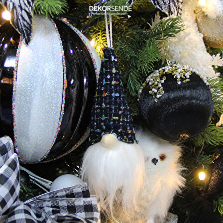 Yılbaşı Süsü Işıklı Cüce Sakallı Bereli Kafa Siyah 15 cm