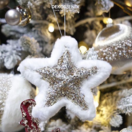 Yılbaşı Süsü Peluş Pullu Yıldız Şampanya 20 cm