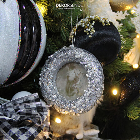 Yılbaşı Süsü Taşlı Yuvarlak Çerçeve Gümüş 10 cm