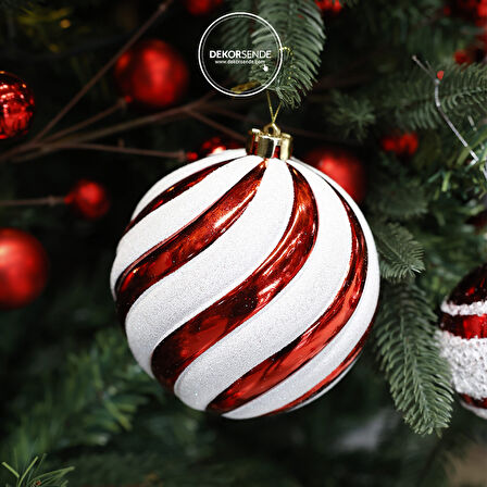Yılbaşı Süsü Dönence Desenli Top Kırmızı Beyaz 15 cm