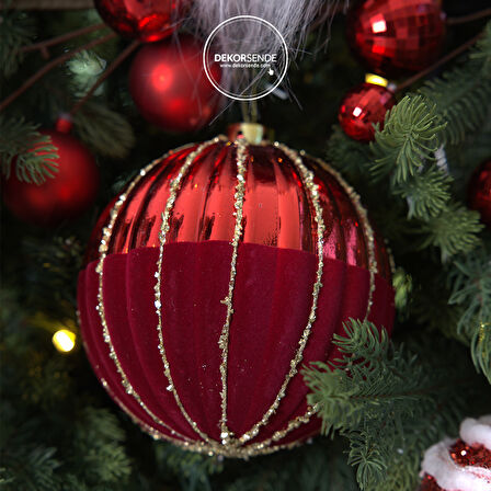 Yılbaşı Süsü Altın Şeritli Dilimli Top Kırmızı 15 cm