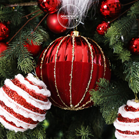 Yılbaşı Süsü Altın Şeritli Dilimli Top Kırmızı 15 cm