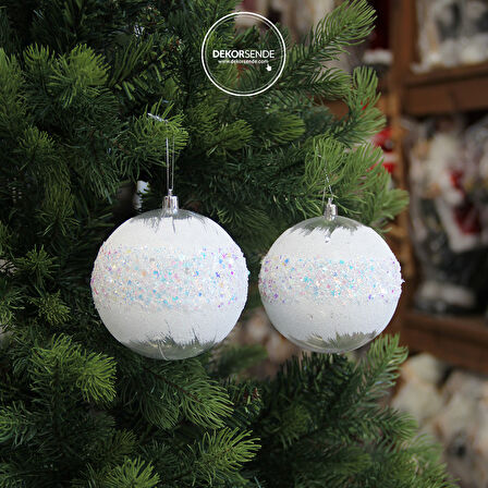 Yılbaşı Süsü Kar Efektli Renkli Pullu 2'li Top Beyaz 10 cm