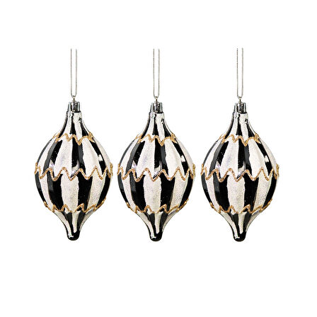 Yılbaşı Süsü 3'lü Konik Siyah Beyaz Top 12 cm