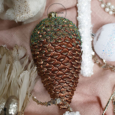 Yılbaşı Süsü Yeşil Simli Kozalak Bronz 12 cm