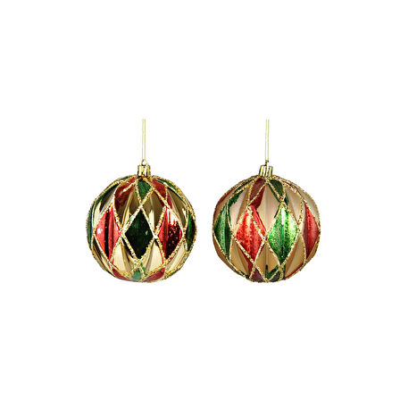 Yılbaşı Süsü Karo Desenli Parlak 2'li Top Yeşil Kırmızı 10 cm