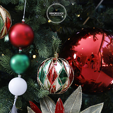 Yılbaşı Süsü Karo Desenli Parlak 2'li Top Yeşil Kırmızı 10 cm