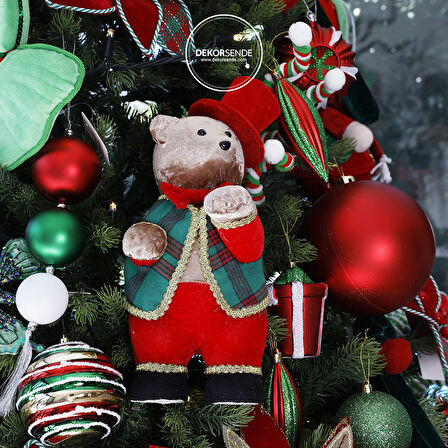 Yılbaşı Süsü Şapkalı Kadife Ayı Kırmızı Yeşil 35 cm