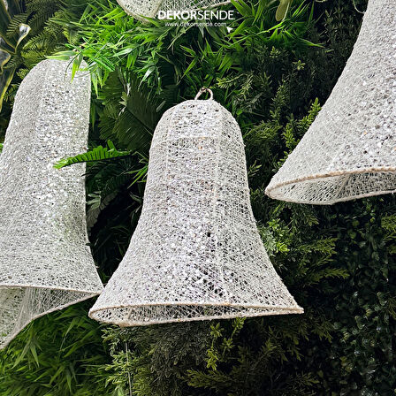 Yılbaşı Süsü Simli Tek Yön Tel Yarım Çan Beyaz 30 cm